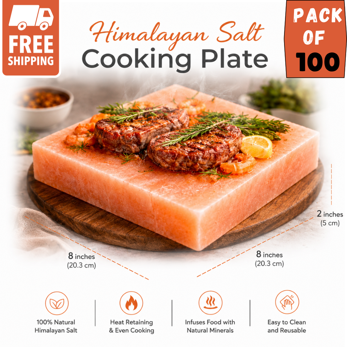 Himalayan Pink Salt Cooking Block | BBQ Grilling Slab (8”×8”×2”)