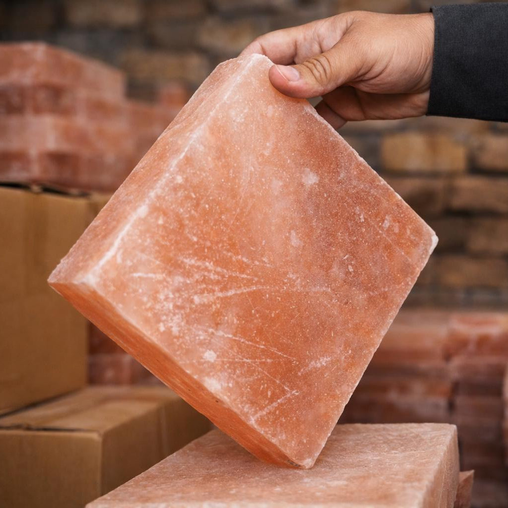 Person holding a large pink salt block with stacked boxes and bricks in the background
