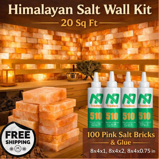 Himalayan Salt Wall Kit with pink salt bricks and glue bottles on a peach background