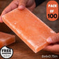 Himalayan salt block held by a hand with promotional text on an orange background
