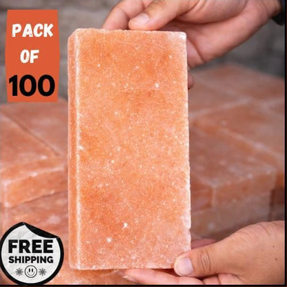 Himalayan salt block held by a hand with promotional text on an orange background