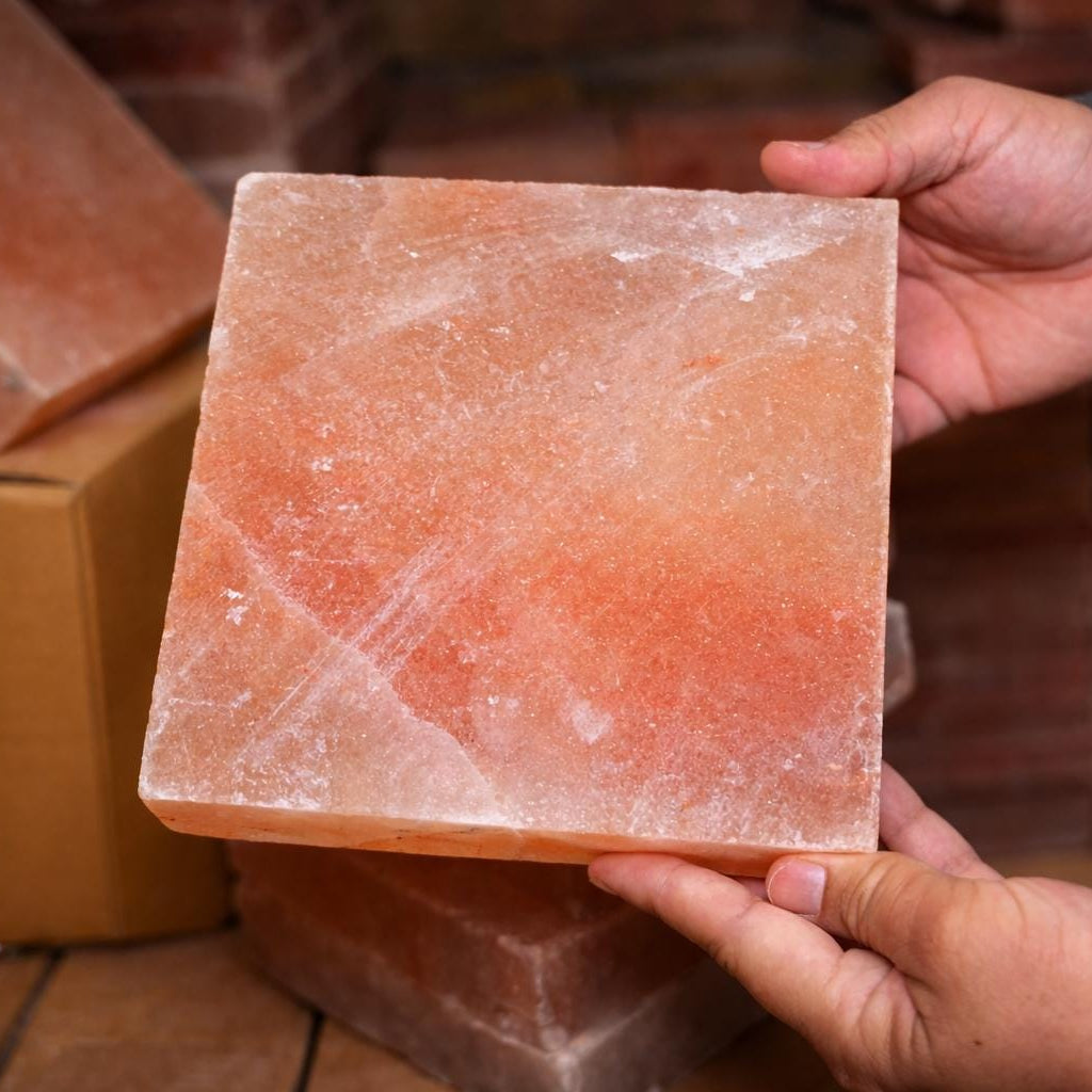 Person holding a large square piece of pink Himalayan salt